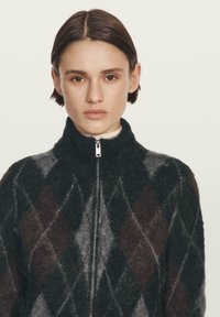 Maglione lavorato a maglia con un motivo argyle nero, marrone e grigio, colletto alto e zip frontale. Texture morbida con un aspetto peloso.