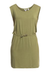 Olivově zelené šaty bez rukávů vyrobené z měkké látky, s nařaseným pasem a dekorační mašlí. Jednoduchý, uvolněný silueta.