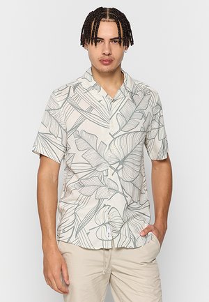 Kurzarm-Hemd mit Knopfleiste in Creme mit grünem Blattmuster, aus leichtem Stoff gefertigt. Verfügt über einen lässigen Schnitt und einen Schalkragen.