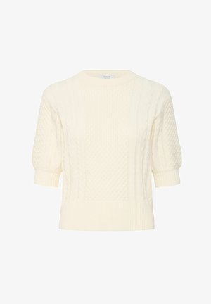 Pull en maille couleur crème avec un col et des poignets côtelés. Présente un motif de points en câble texturé et des manches courtes bouffantes.