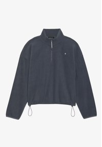 Pull en polaire gris foncé avec un col zippé quart, des cordons élastiques à l'ourlet et un logo subtil sur la poitrine. Manches longues.