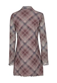 Robe manches longues avec motif à carreaux beige et marron, bords festonnés aux manches et à l'ourlet, vue de dos sur fond blanc.