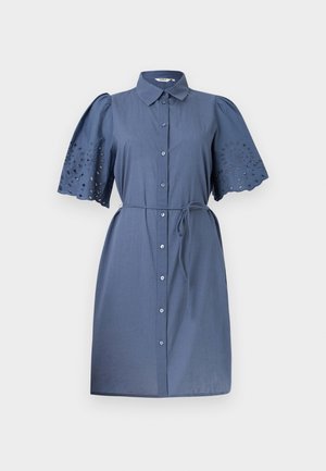 Μπλε φόρεμα μήκους μέχρι το γόνατο με κουμπιά, κοντά φουσκωτά μανίκια με σχέδια κοψίματος και λεπτή ζώνη μέσης.