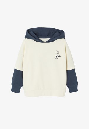 Cream-colored sweatshirt with a navy blue hood and sleeves. Features a skateboarding graphic on the chest. Soft fabric and relaxed fit.