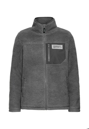 Jachetă din fleece de culoare gri închis, cu fermoar pe întreaga față, guler înalt, buzunare laterale și un buzunar pe piept cu fermoar, având o etichetă din material.