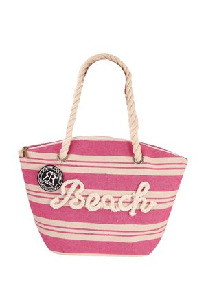 Gestreifte Strandtasche in Pink und Weiß mit Seilgriffen, auf der das Wort "Strand" aus strukturiertem, weißem Seil zu sehen ist. Mit Reißverschluss und Logo-Tag.