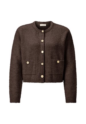 Brown cropped cardigan with a textured finish, round neckline, six gold-tone buttons, and two front pockets. Soft material and casual design.