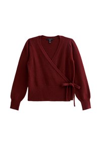 Burgundowy sweter w fasonie kopertowym, wykonany z miękkiego materiału dzianinowego, z długimi rękawami, dekoltem w serek oraz wiązaniem w talii umożliwiającym regulację dopasowania.