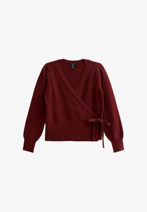 Burgundy wrap sweater made of soft knit material, featuring long sleeves, a V-neck, and a tied waist detail for adjustable fit.