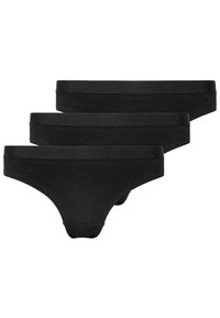 Drie paar zwarte stringonderbroeken met een gladde, elastische tailleband en een zachte stofafwerking voor comfort. Geen patronen of accenten.