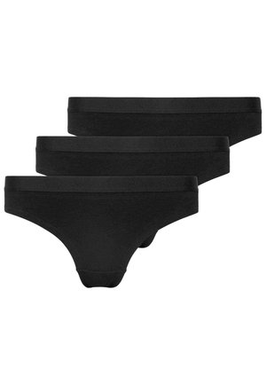 Three pairs of black thong underwear with a smooth, elastic waistband and a soft fabric finish for comfort. No patterns or accents.