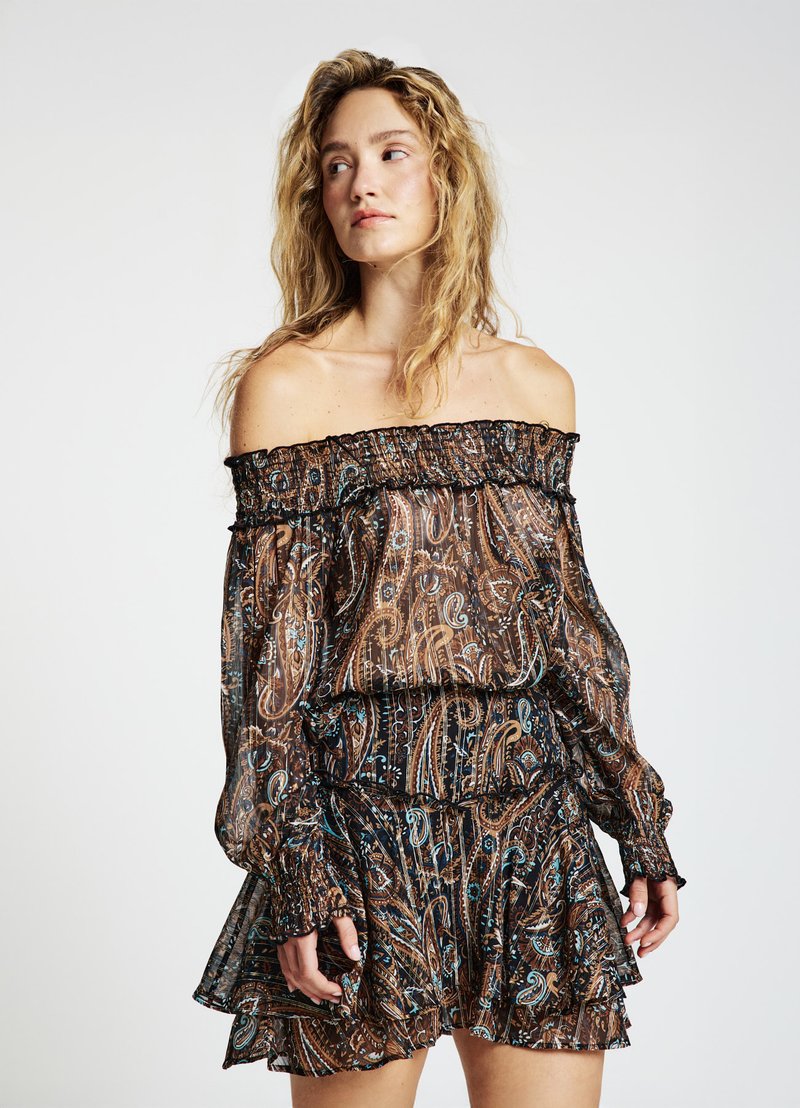 Robe marron à motifs cachemire, épaules dénudées, avec couches à volants, texture transparente et manches longues. Caractérisée par un serrage élastique et des accents bleus.