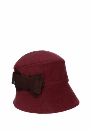 Burgundy wool cloche hat with a wide brim and a decorative dark ribbon bow on the side.