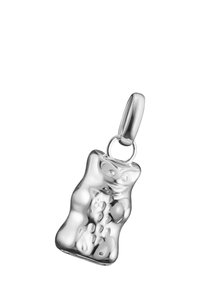 Zilveren gummybeer charme met een glanzende, gladde afwerking. Het heeft afgeronde randen en een lus voor bevestiging. Gedetailleerde gezichts- en lichaamseigenschappen.