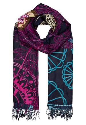 Langt tørklæde med mørklilla, blå og beige abstrakte blomsterthislede mønstre, frynsekant og foldet i en løkke.