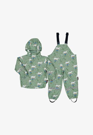 Vandtæt regnjakke og overalls sæt til børn, lysegrøn med et legende mønster af hest og barn, med elastiske manchetter og seler.