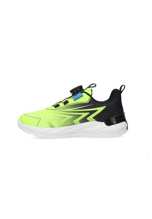 Neon yellow and black athletic sneaker with white sole, zigzag patterns, a dial lacing system, and pull tabs at heel and tongue.