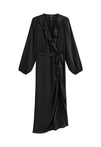 Robe noire en tissu doux, avec un col en V froncé, de longues manches bouffantes, une ceinture à nouer et un détail d'ouverture sur le devant.