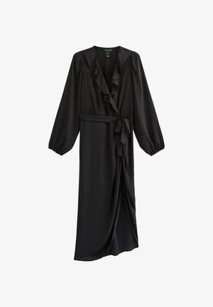 Black wrap dress made of soft fabric featuring a ruffled V-neck, long puffed sleeves, a self-tie belt, and a front slit detail.