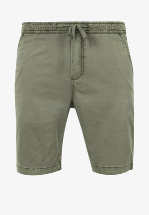 Oliivrohelised lühikesed püksid pehmest kangast, millel on elastne vöökoht ja stringsilmus, esiküljel taskud ja sirge lõige.