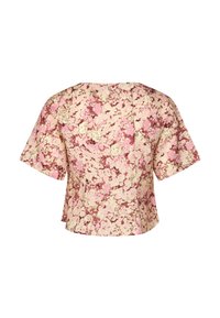 Top a maniche corte in un motivo floreale astratto rosa e crema, con una linea dritta e un tessuto liscio e particolare.