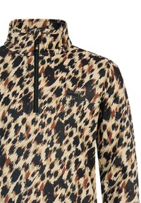 Pulóver s krátkym zipsom v leopardom vzore, obsahujúci odtiene béžovej, čiernej a hnedej. Mäkká, elastická látka s vysokým golierom.