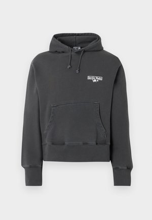 Sweat à capuche gris foncé avec poche kangourou et petit logo « Service Works » sur le côté gauche de la poitrine.