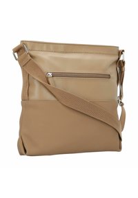 Bolso crossbody en color marrón claro, hecho de material sintético, que cuenta con un bolsillo frontal con cremallera, una correa ajustable y un acabado de textura suave.