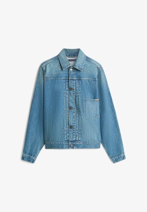 Light blue denim jacket with a classic cut, front button closure, chest pocket, and visible stitching along seams and cuffs.