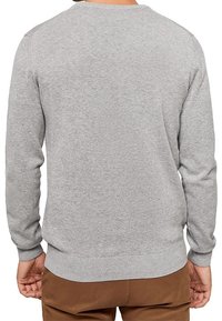 Pull gris à col rond avec manches longues, poignets et ourlet côtelés, fabriqué à partir d'un tissu en maille doux. Aucun motif ou accent visible.