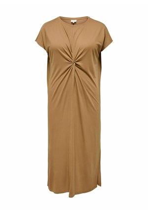 Bruine jurk tot op de knie met korte mouwen en een geplooide twistdetail aan de voorkant in het midden.