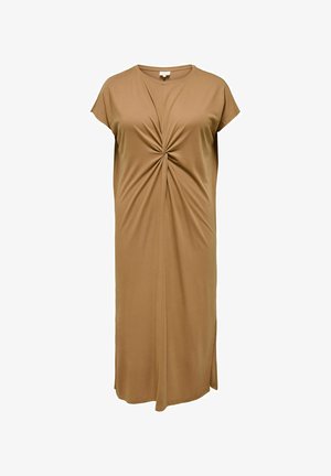 Rochie maro până la genunchi, cu mâneci scurte și un detaliu răsucit strâns în fața mijlocie.