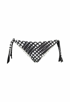 Culotte bikini a pois bianco e nero con lacci su ogni lato, dotata di un tessuto morbido e un motivo geometrico sulla superficie.