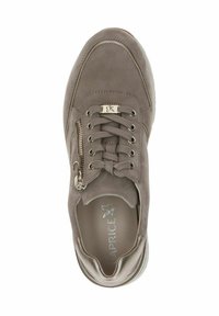 Gray suede sneaker with round toe, lace-up front, metallic zipper accent, and logo detail on insole. Flat rubber sole for comfort.