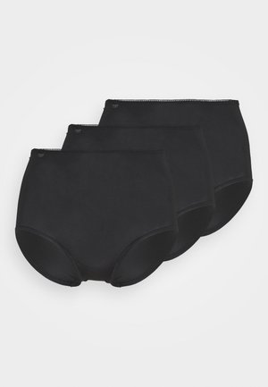 Črne visokorasle hlačke, izdelane iz gladke, elastične tkanine. Vsake imajo brezšivno zasnovo z diskretnim šivom okoli pasu in nog.