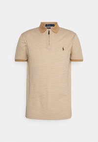 Pruhované polo tričko v béžové a hnědé barvě, s zipovým uzávěrem, krátkými rukávy a vyšitým logem na levé hrudi.