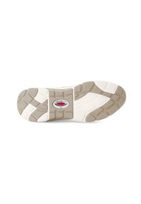 Witte en beige sportieve schoenzool met een textuur van rubber, voorzien van diepe groeven en een logo in een ovale vorm in het midden.