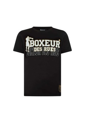 T-shirt noir avec le texte « BOXEUR DES RUES » en blanc et beige et une silhouette beige d’un boxeur donnant un coup de poing au-dessus du texte.