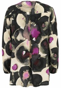 Langärmlige Bluse mit einem Aquarelldruck in schwarz, grau und lila kreisförmigen Mustern auf einem cremefarbenen Hintergrund; glatte Textur.