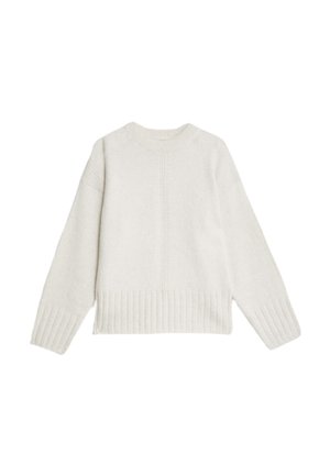 Maglione lavorato a maglia di colore crema con scollo rotondo, spalle cadute, orlo inferiore a coste e motivo testurizzato sulle maniche.