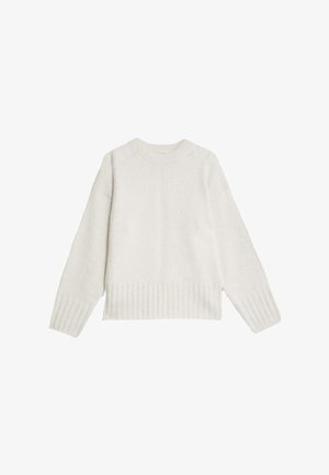 Pull en tricot de couleur crème avec un col rond, des épaules déchues, un ourlet inférieur côtelé et un motif texturé sur les manches.