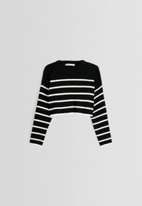 Black cropped sweater with white horizontal stripes, ribbed texture, and long sleeves. Round neckline and plain back.