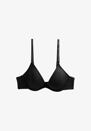 Reggiseno triangolare nero con spalline regolabili, tessuto morbido, supporto con ferretto e chiusura a gancio, con un branding minimo sul lato.