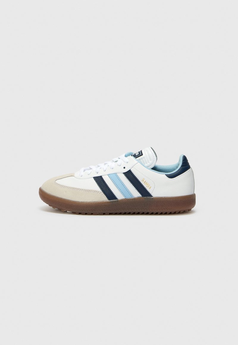 Sport sneakers in white, navy, and light blue. Synthetic upper with suede toe cap. Features three striped accents and rubber sole.