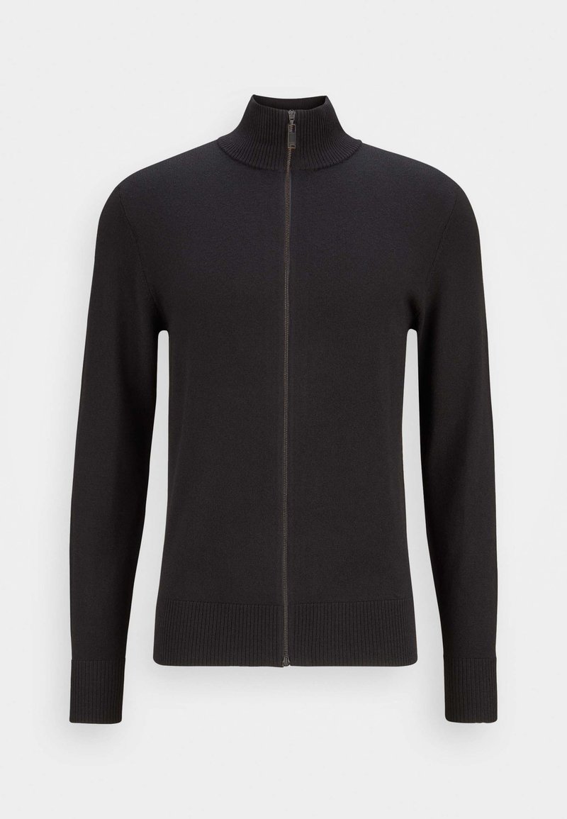 Sudadera negra con cremallera hecha de un material de punto suave, con cuello alto, mangas largas y puños y dobladillo acanalados.