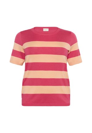 Short-sleeve top with a round neck, featuring alternating horizontal stripes in pink and light peach colors. Soft texture with a relaxed fit.