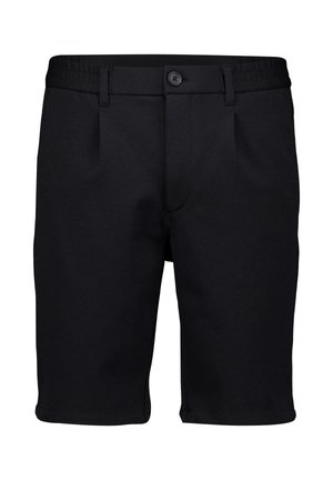 Schwarze, maßgeschneiderte Shorts mit Knöpfen vorne, Gürtelschlaufen und elastischen Bundabschnitten an den Seiten, knielang mit umgeschlagenen Säumen.