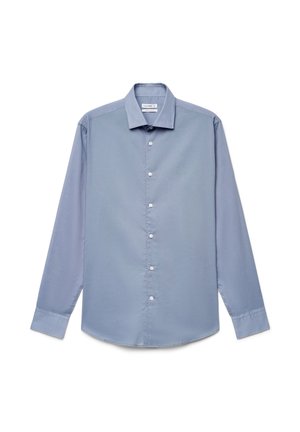 Light blue long-sleeve button-up shirt with collar and cuffs, laid flat with buttons fastened down the front center.