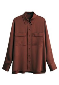 Bruine lange mouwen shirt van een gladde stof, met een kraag, twee borstzakken en een rechte zoom met knoopsluiting aan de voorkant.