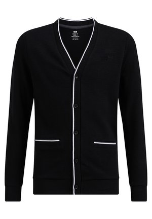 Schwarze Strickjacke mit V-Ausschnitt, weißem Besatz an den Kanten, vorderer Knopfleiste und zwei Taschen mit weißen Akzenten.